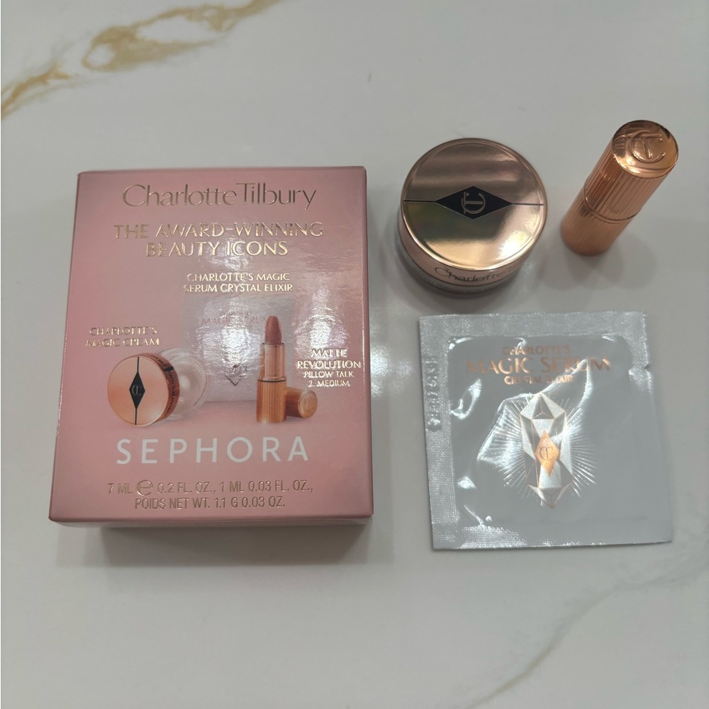 Charlotte Tilbury Icons Travel Set with Pillow Talk Lipstick, cream & serum